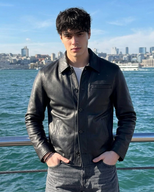 Men's Classic Black Leather Button-Up Jacket