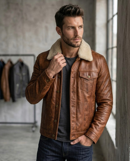 Men's Black Shearling Collar Leather Jacket