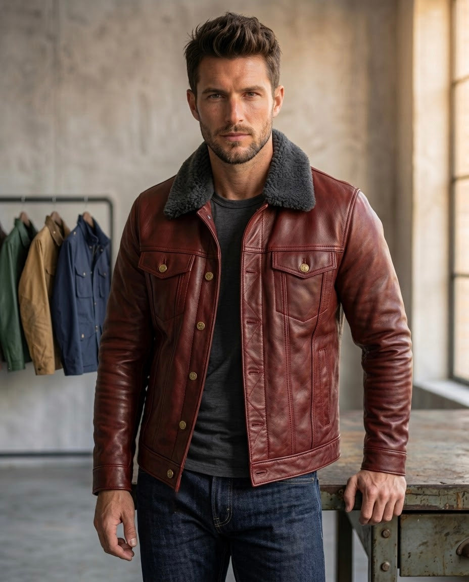 Men's Black Shearling Collar Leather Jacket