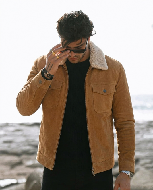 Men's Tan Suede Shearling Collar Jacket