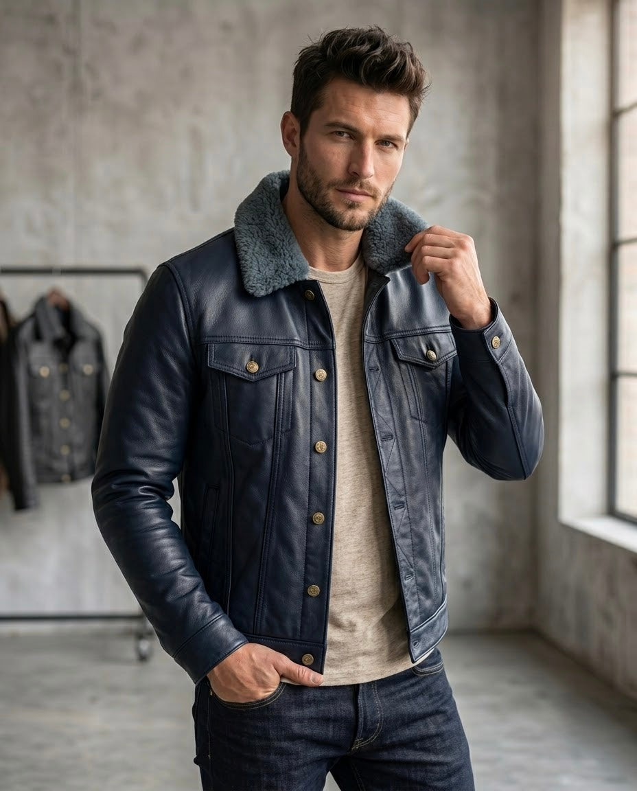 Men's Black Shearling Collar Leather Jacket
