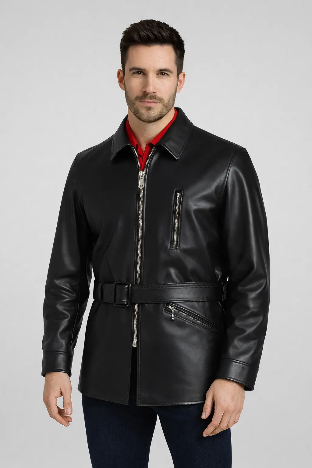 Men's Black Belted Leather Jacket Custom Leathers