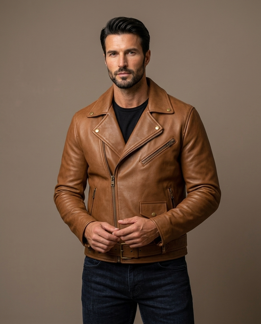 Men's Brown Leather Biker Jacket with Belt