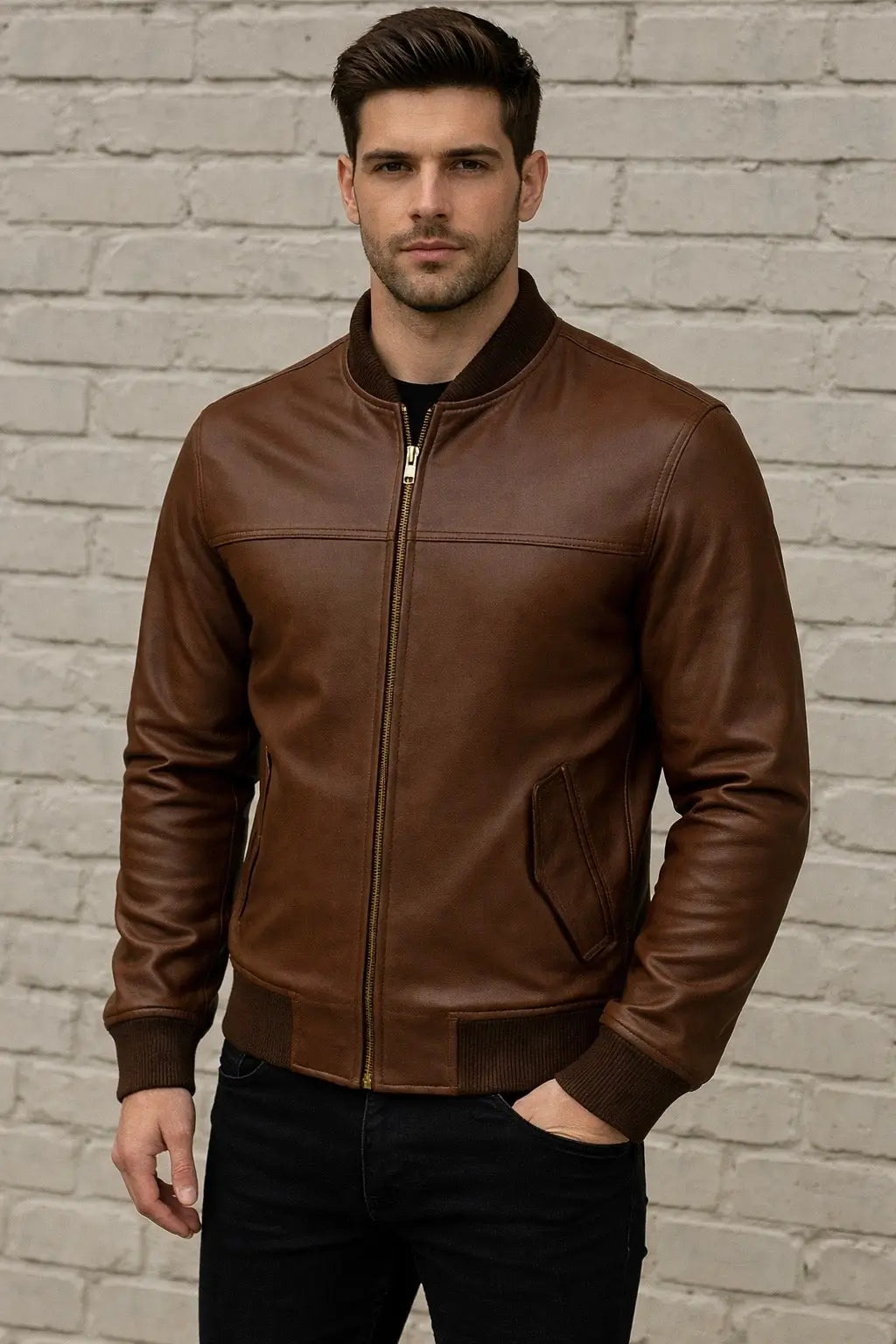 Men's Brown Leather Bomber Jacket Custom Leathers