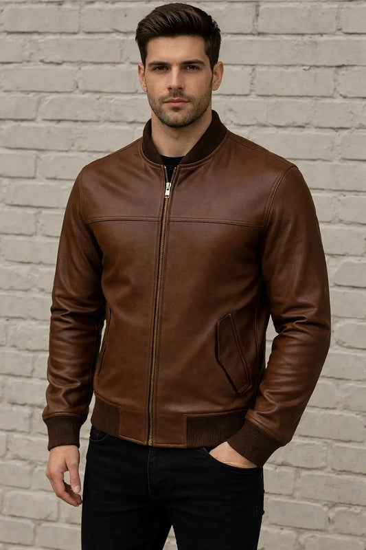 Men's Brown Leather Bomber Jacket Custom Leathers