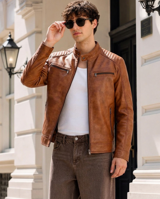 Men's Tan Leather Cafe Racer Jacket