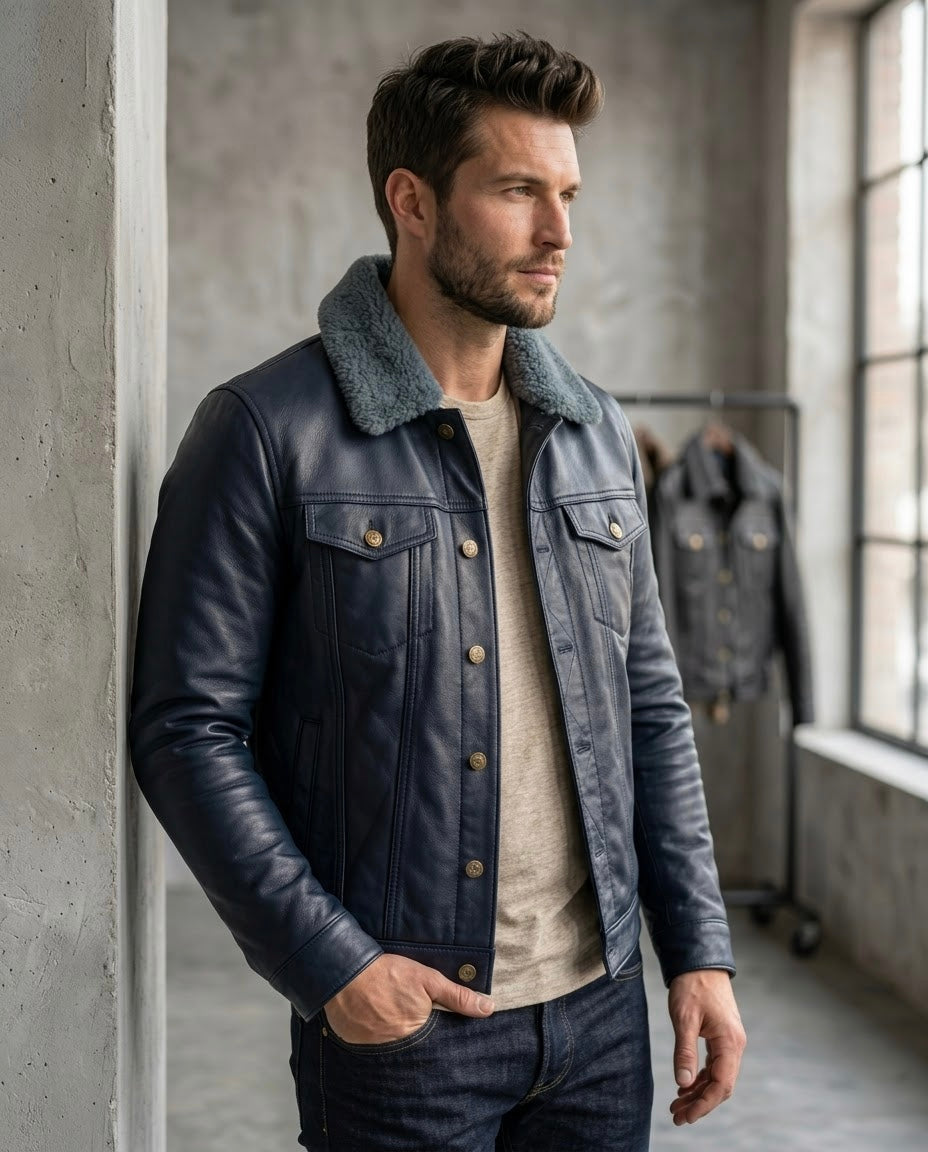 Men's Black Shearling Collar Leather Jacket