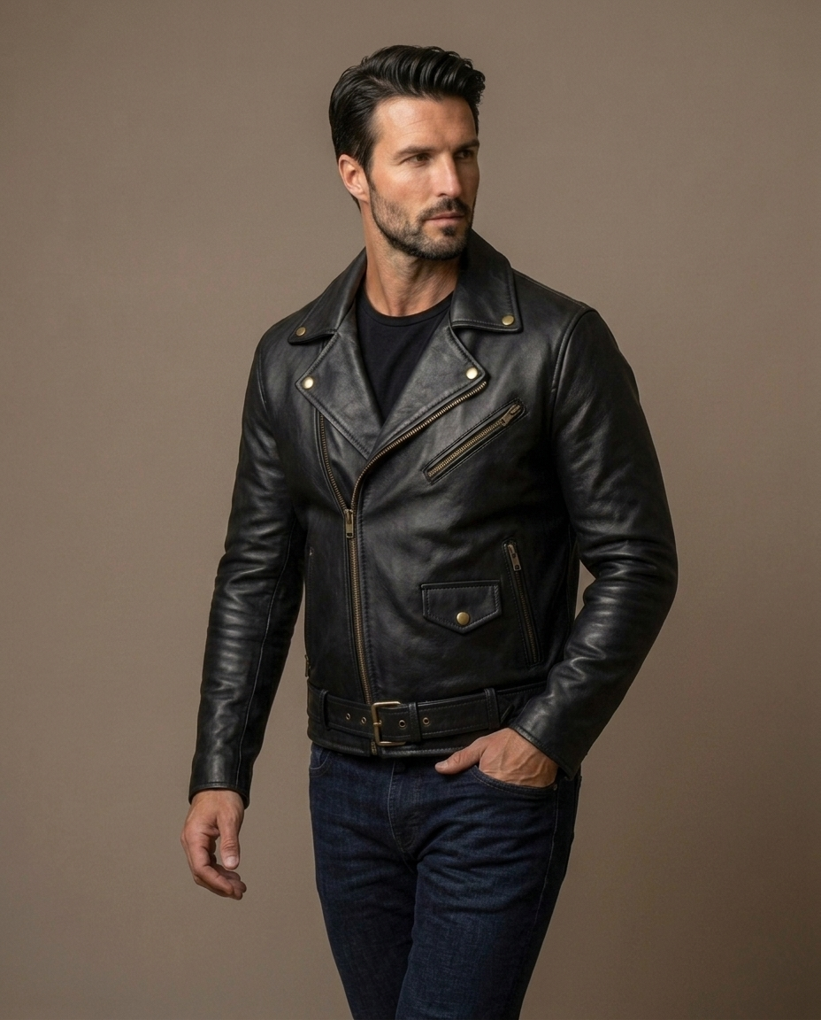 Men's Brown Leather Biker Jacket with Belt