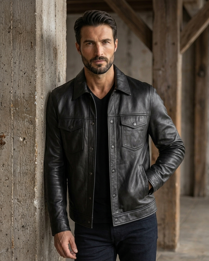 Men's Black Leather Trucker Jacket