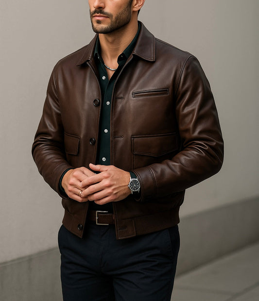 Men's Classic Brown Leather Jacket with Front Pockets