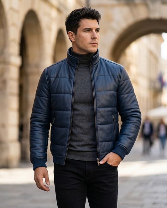Men's Navy Blue Puffer Leather Jacket