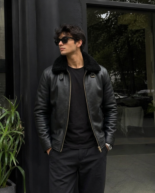 Men's Black Shearling Collar Leather Jacket