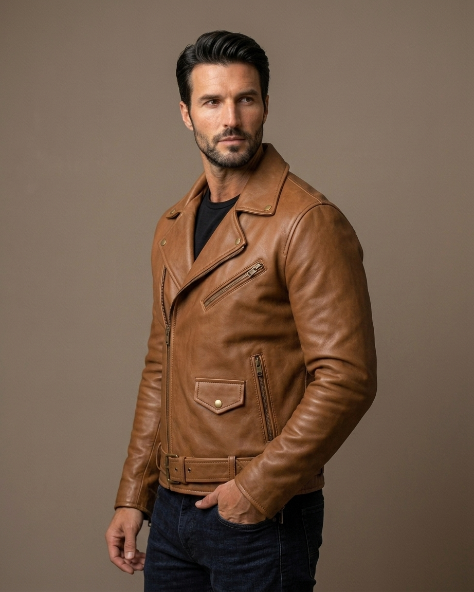 Men's Brown Leather Biker Jacket with Belt
