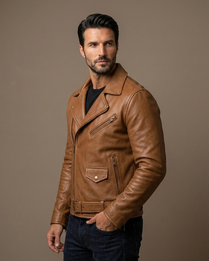 Men's Brown Leather Biker Jacket with Belt