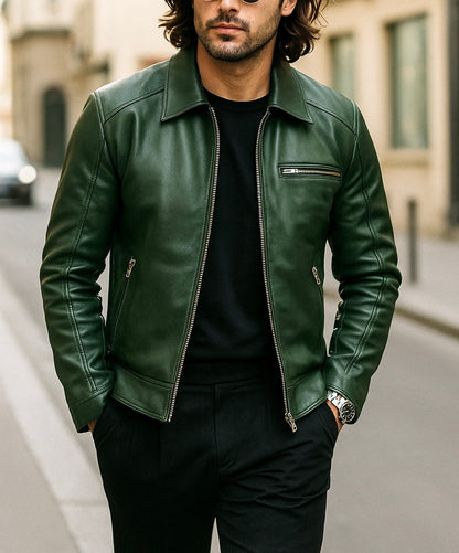 Men's Green Leather Jacket with Zipper Pockets