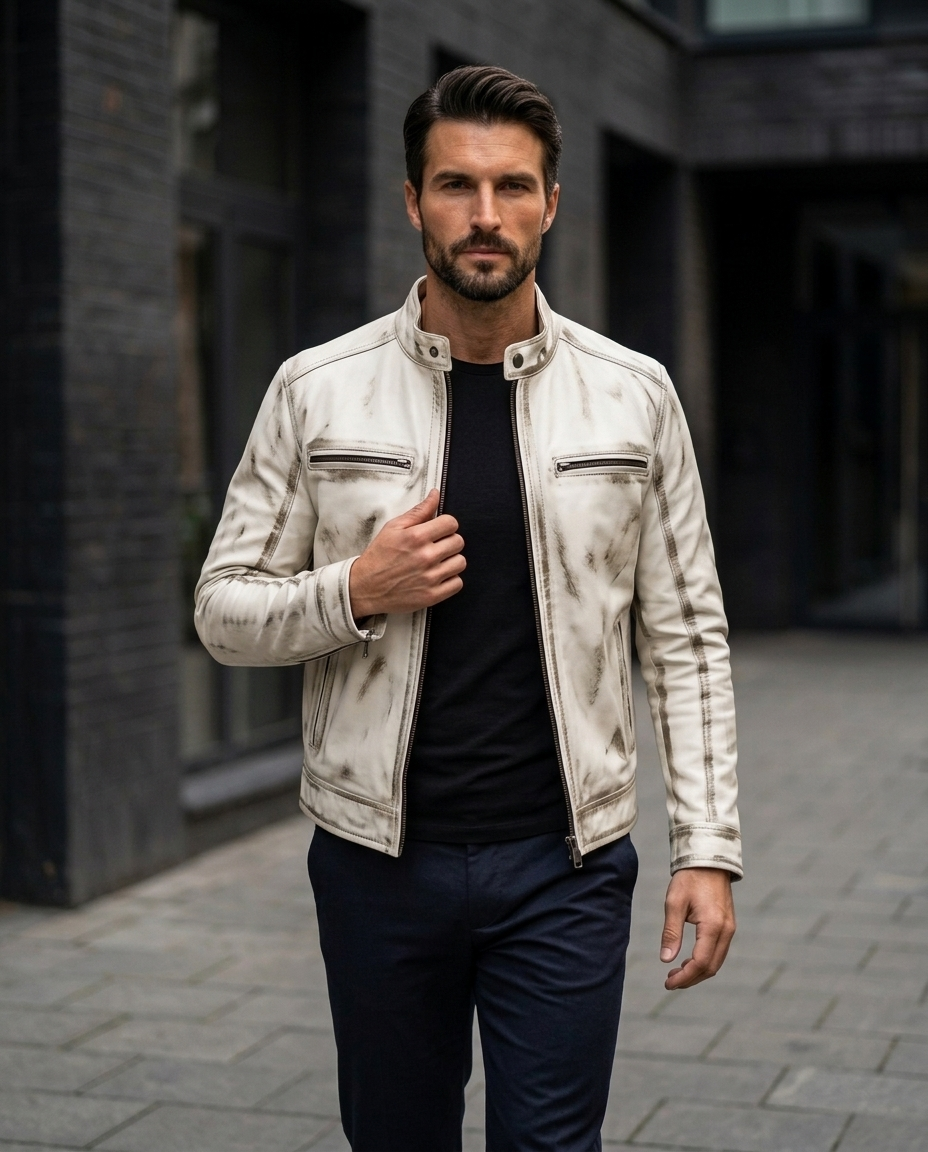 Men's Distressed white Ruff-off  Leather Jacket with Stand Collar