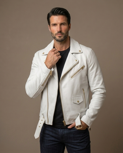 Men's Brown Leather Biker Jacket with Belt
