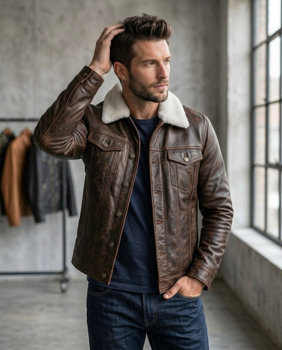 Men's Black Shearling Collar Leather Jacket