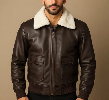 Men's Brown Shearling Collar Leather Bomber Jacket Custom Leathers