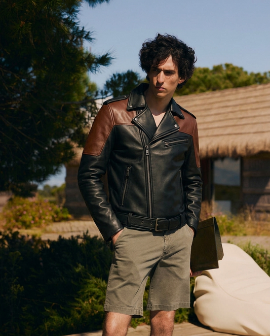 Men's Black & Brown Biker Leather Jacket with Belted Waist