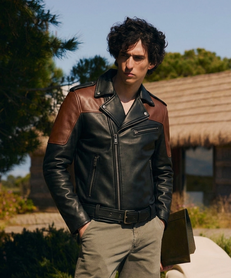Men's Black & Brown Biker Leather Jacket with Belted Waist