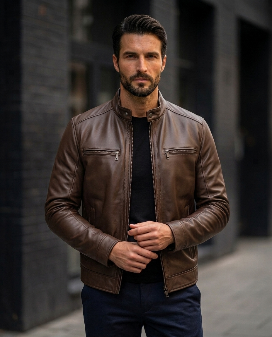 Men's Distressed white Ruff-off  Leather Jacket with Stand Collar