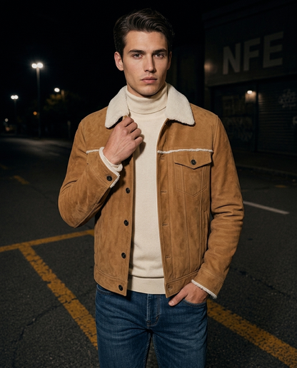 Men's Tan Suede Shearling Collar Jacket