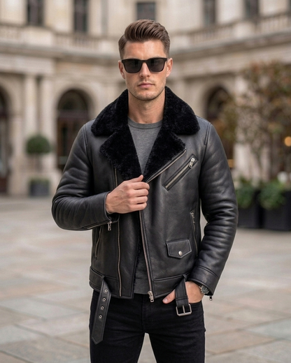 Men's Classic Black Shearling-Lined Aviator Leather Jacket
