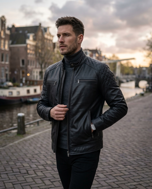Men's Quilted Shoulder Black Leather Biker Jacket