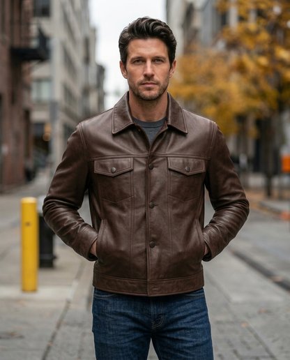Men's Brown Leather Trucker Jacket