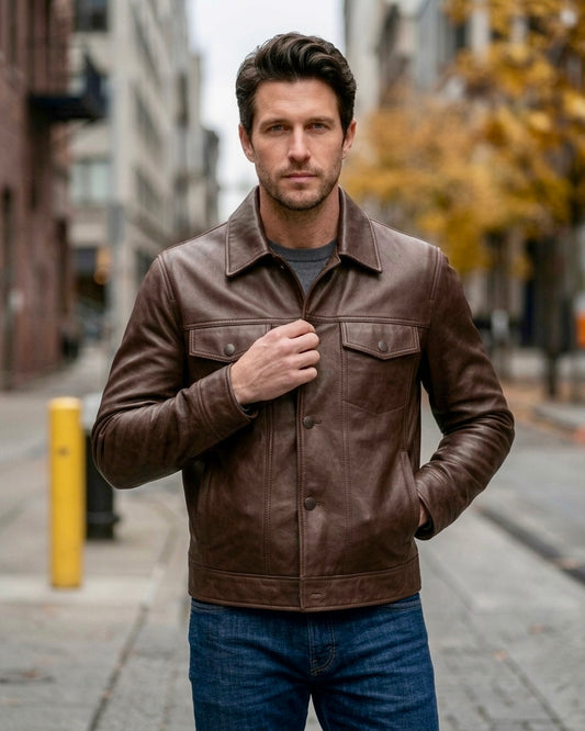 Men's Brown Leather Trucker Jacket