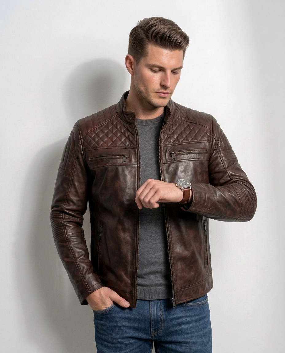 Men’s Olive Green Quilted Leather Biker Jacket