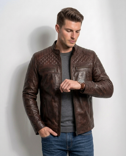 Men’s Olive Green Quilted Leather Biker Jacket
