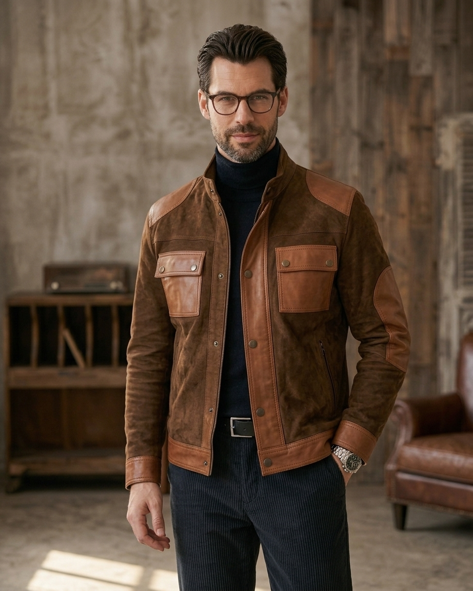 Men's Brown Two-Tone Leather & Suede Jacket