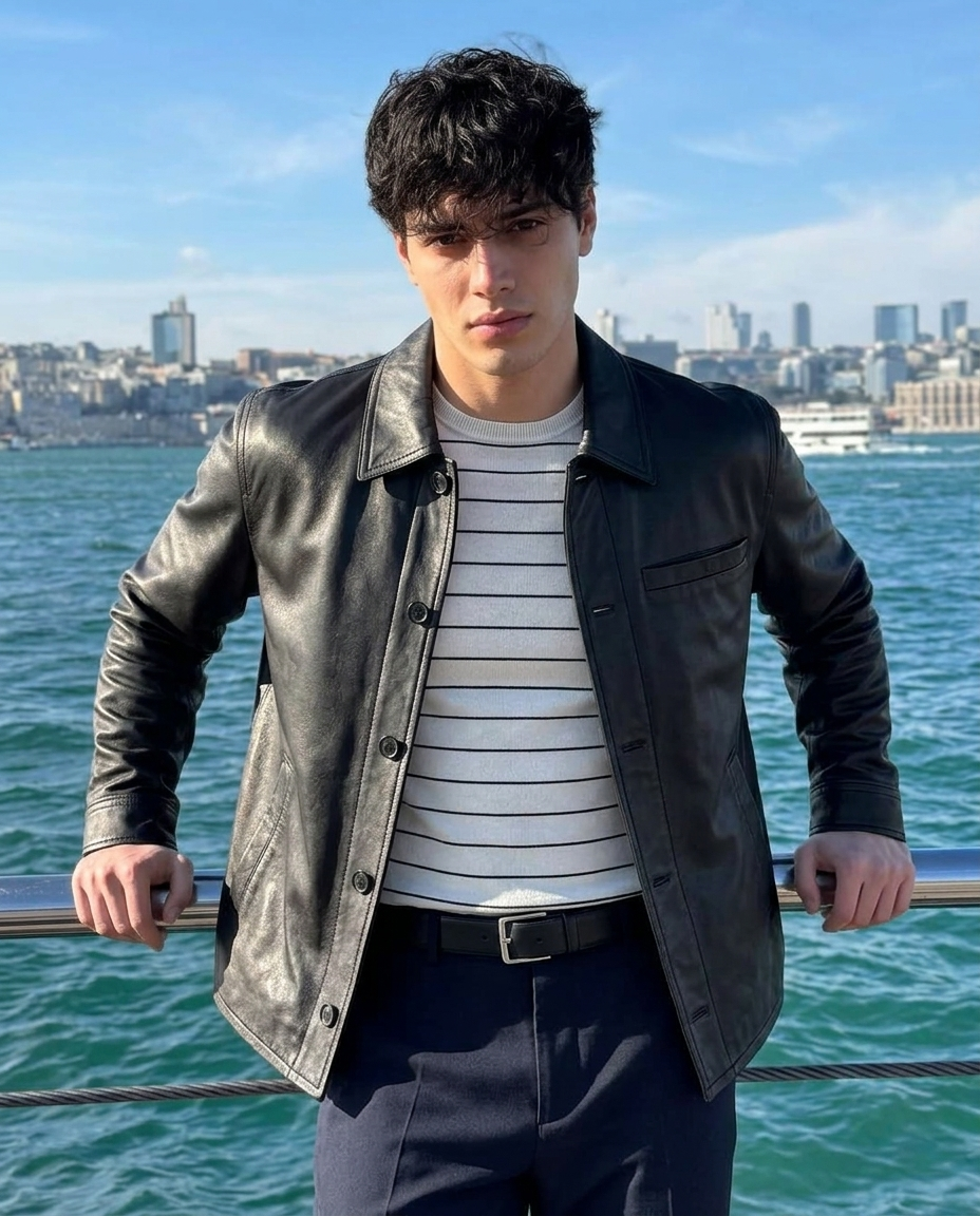 Men's Classic Black Leather Button-Up Jacket