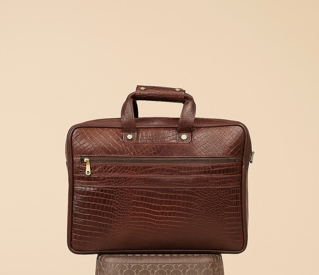Textured Brown Croc Leather Office Bag