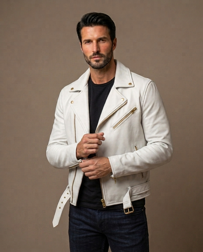 Men's Brown Leather Biker Jacket with Belt