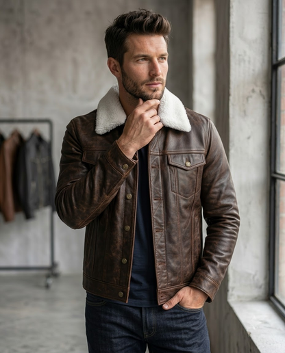 Men's Black Shearling Collar Leather Jacket