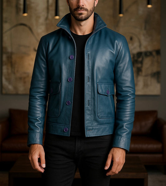 Men's Teal Blue Leather Button-Up Jacket