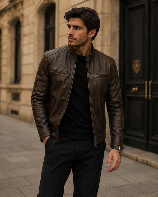 Men's Distressed Dark Brown Leather Jacket with Stand Collar