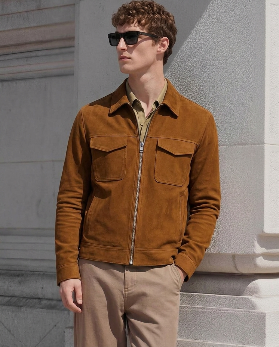 Men's Camel Suede Zip-Up Jacket