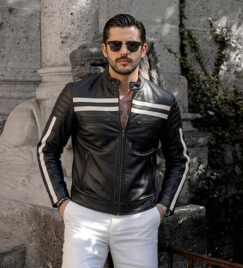 Men's Black Leather Biker Jacket with White Racing Stripes