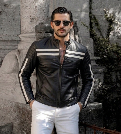 Men's Black Leather Biker Jacket with White Racing Stripes