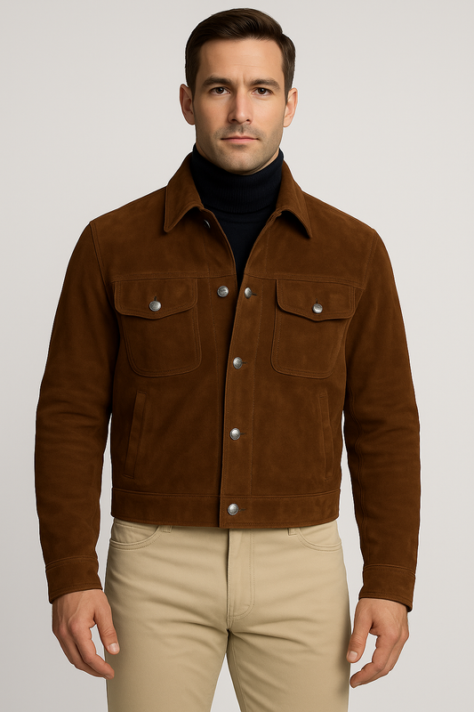 Men’s Classic Brown Suede Trucker Jacket – Smart & Timeless