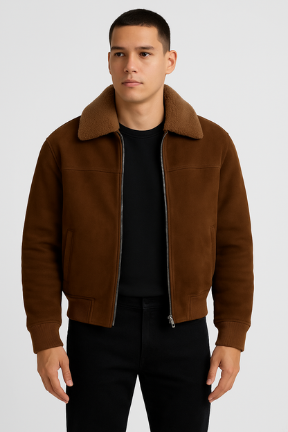 Men’s Brown Shearling-Lined Bomber Jacket – Winter Warmth in Style