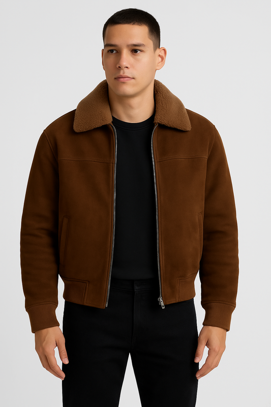 Men’s Brown Shearling-Lined Bomber Jacket – Winter Warmth in Style
