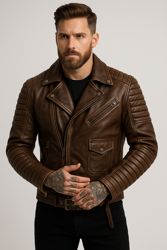 Men’s Distressed Brown Quilted Leather Biker Jacket – Vintage Rebel Style