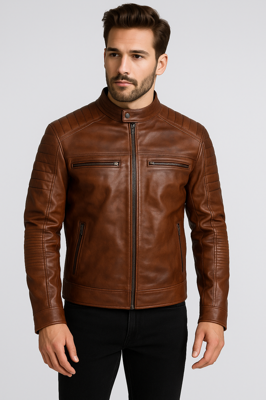 Men’s Vintage Brown Cafe Racer Leather Jacket – Minimal & Bold