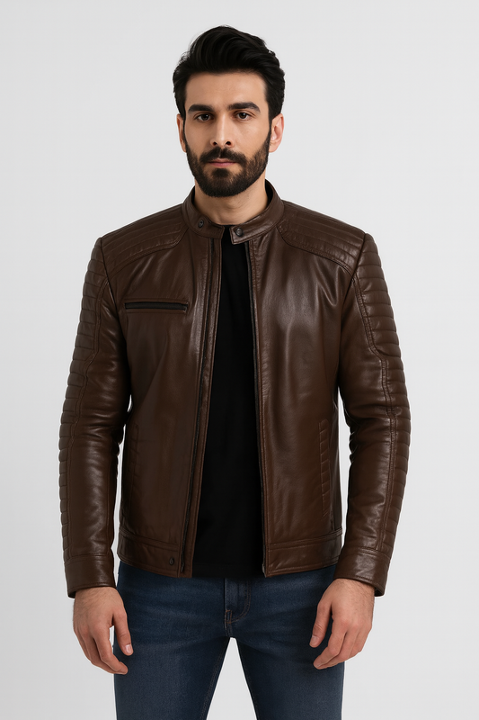 Men’s Quilted Brown Leather Biker Jacket