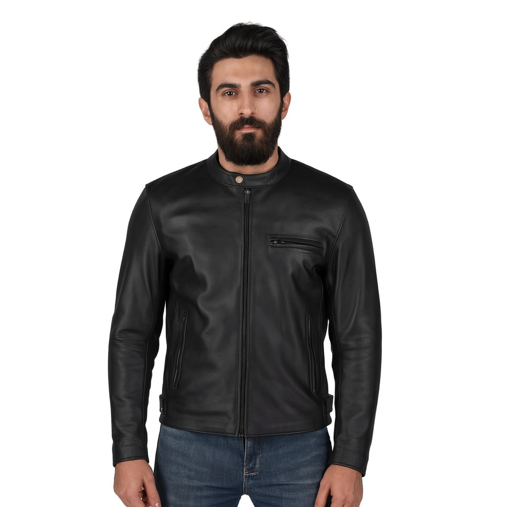 Men’s Classic Black Cafe Racer Leather Jacket – Minimalist Biker Style